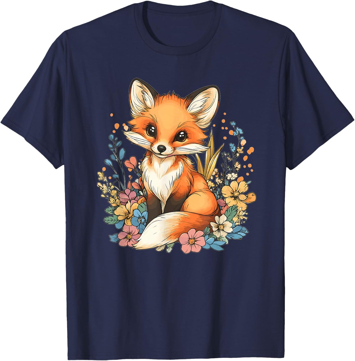 Cute Fox with Flowers I Kids Fox T-Shirt - T-Shirt | Navy