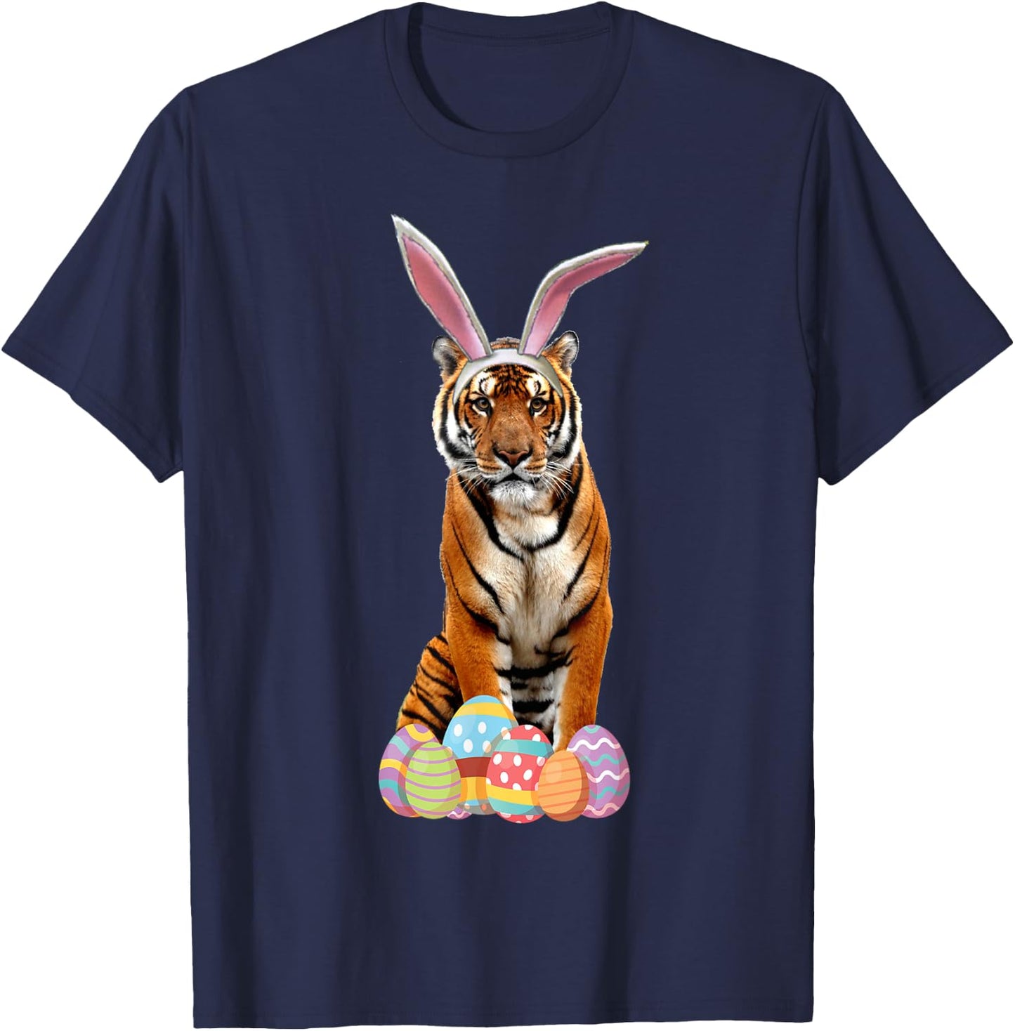 Easter Shirt Tiger Funny Bunny Ears & Eggs Tiger Gift T-Shirt - T-Shirt | Navy
