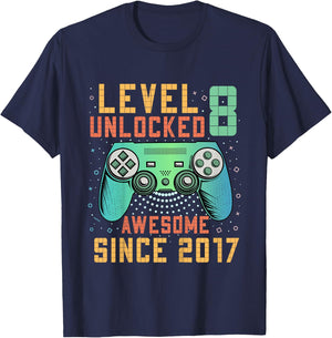 Kids Level 8 Unlocked 8th Birthday 8 Year Old Boy Gifts Gaming T-Shirt - T-Shirt | Navy
