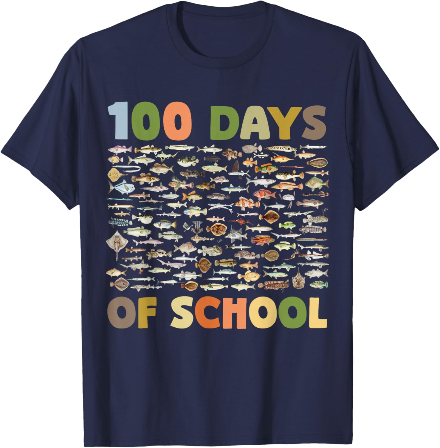 100 Days of School Fish Theme Fun Celebration Design T-Shirt - T-Shirt | Navy