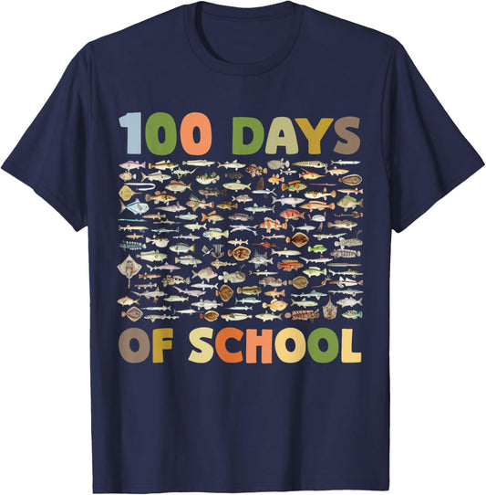 100 Days of School Fish Theme Fun Celebration Design T-Shirt - T-Shirt | Navy