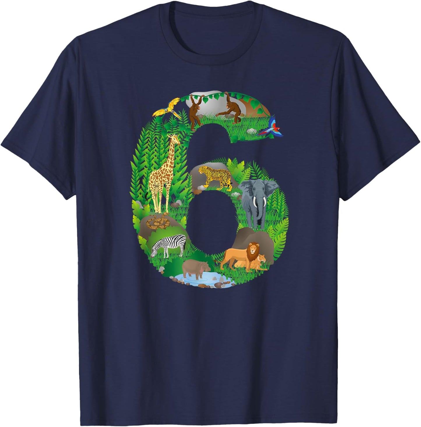 Safari Jungle Zoo animals Sixth Birthday number 6 T-Shirt - T-Shirt | Navy