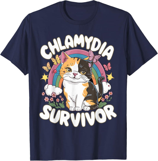 Inappropriate Dark Humor & Offensive Crew Clothing Chlamydia Survivor Funny Cat Meme Embarrassing Adult Humor T-Shirt - T-Shirt | Navy