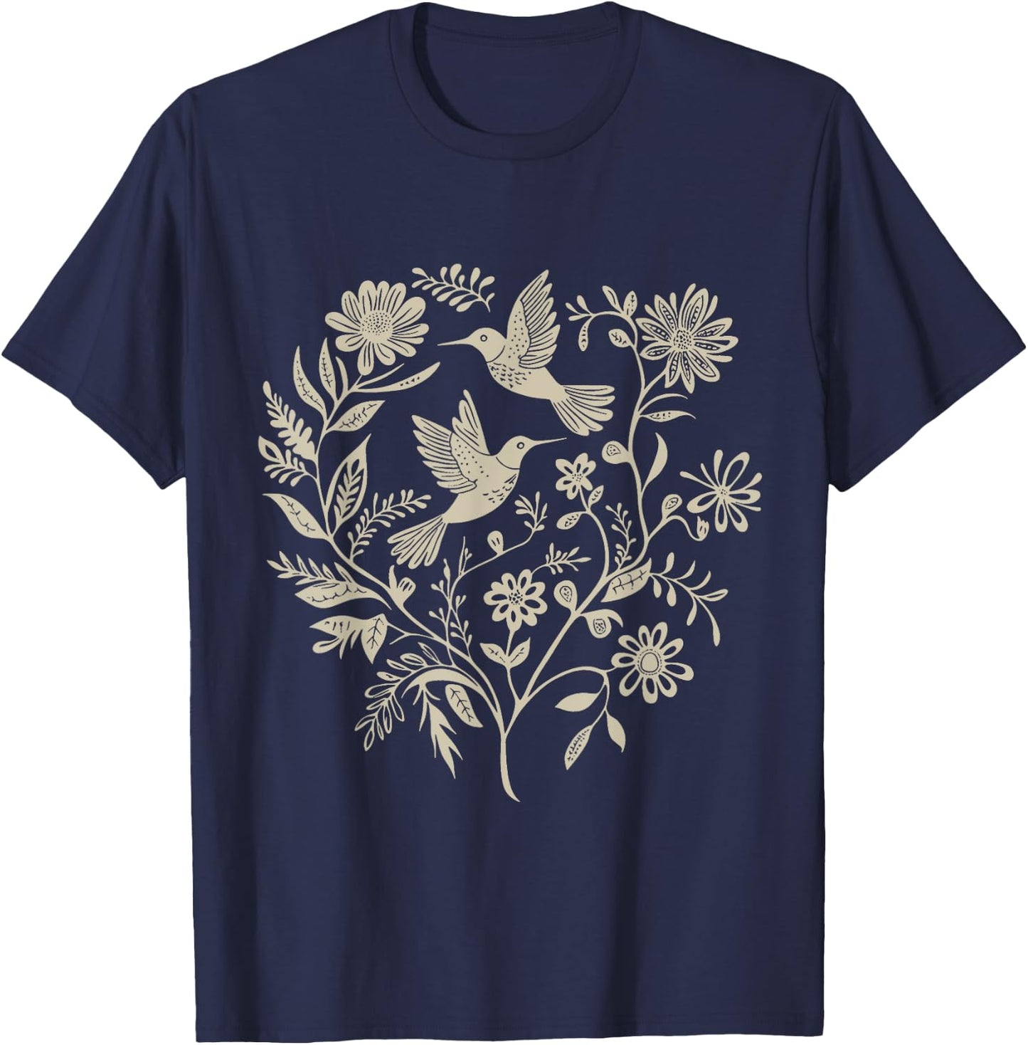 Cottagecore Birds and Flowers T-Shirt - T-Shirt | Navy