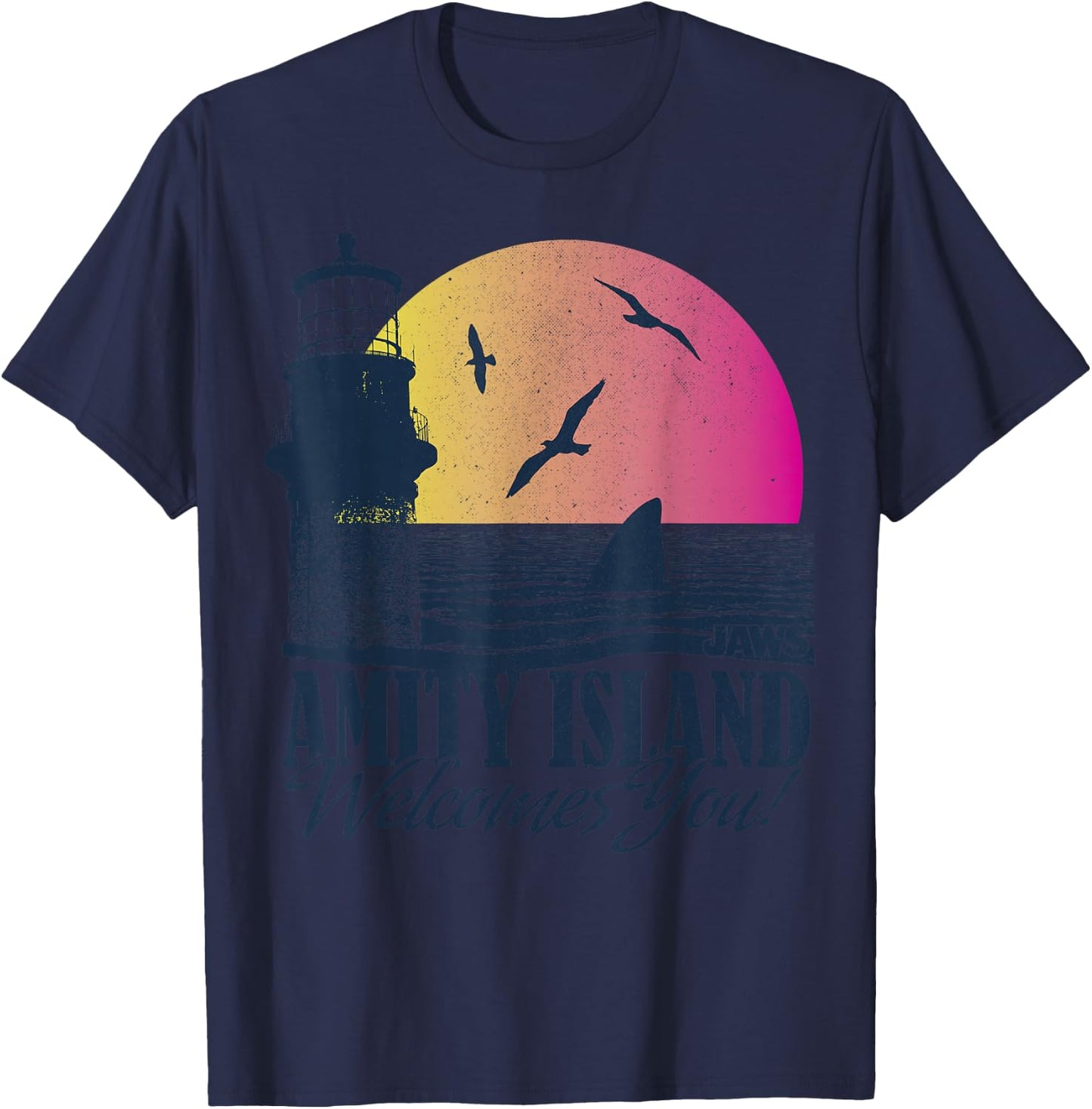 Jaws Amity Island Welcomes You Sunset T-Shirt - T-Shirt | Navy
