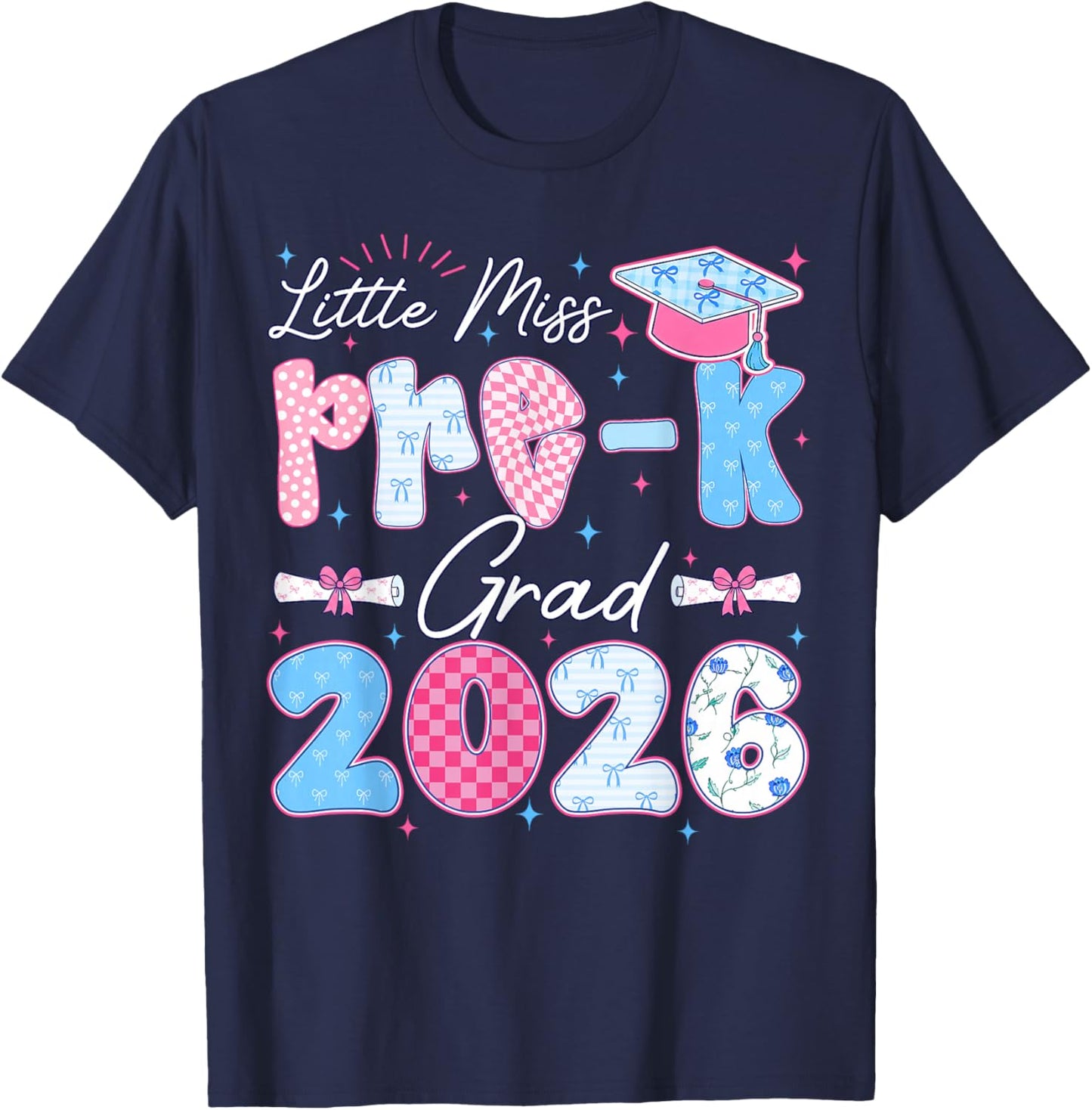 Little Miss Pre-K Grad 2026 Cute Preschool Graduation Bow T-Shirt - T-Shirt | Navy