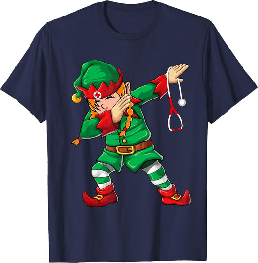 Dabbing Elf Girl Shirt Christmas Scrub Tops Women Cute Nurse T-Shirt - T-Shirt | Navy
