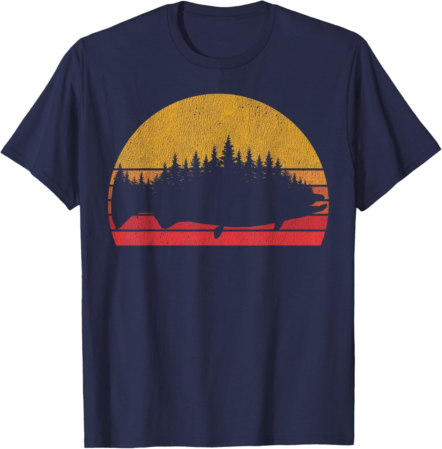 Salmon Fishing Retro Sunset Forest Vintage Outdoors T-Shirt - T-Shirt | Navy
