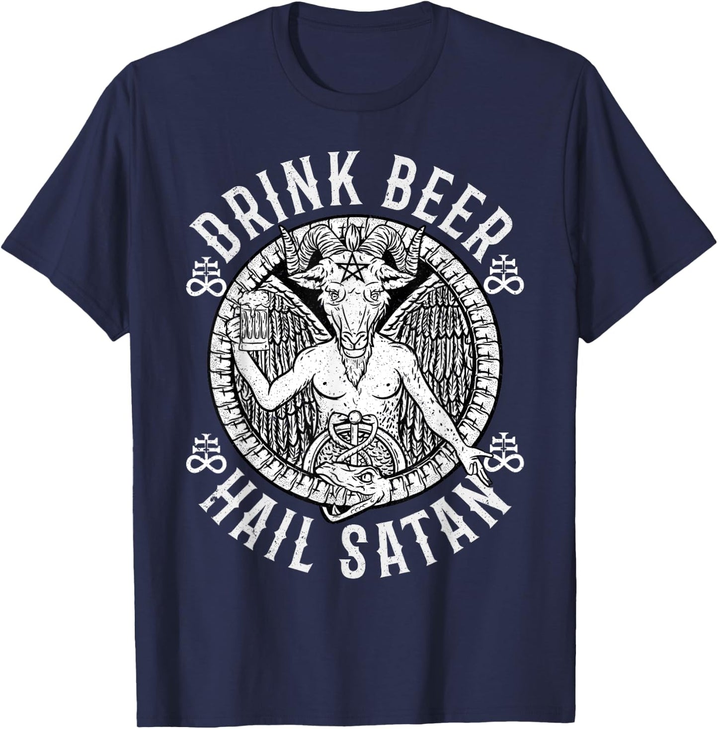 Drink Beer Hail Satan I Satanic Baphomet T-Shirt - T-Shirt | Navy
