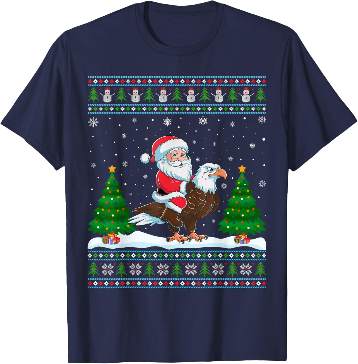 Ugly Xmas Lighting Tree Santa Riding Eagle Christmas T-Shirt - T-Shirt | Navy