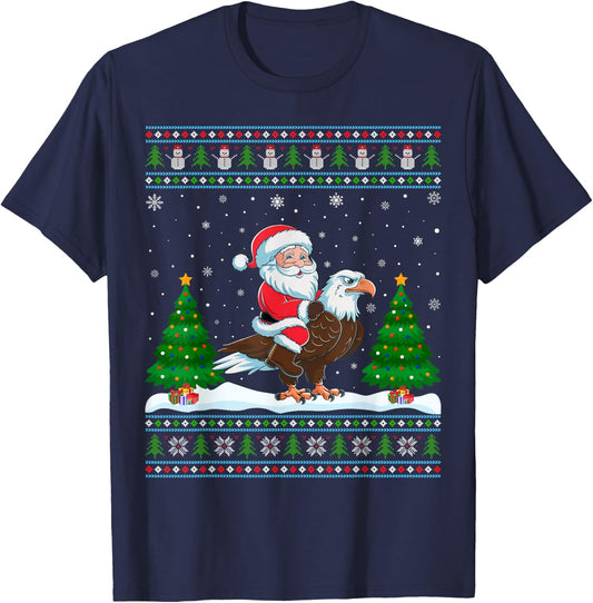 Ugly Xmas Lighting Tree Santa Riding Eagle Christmas T-Shirt - T-Shirt | Navy