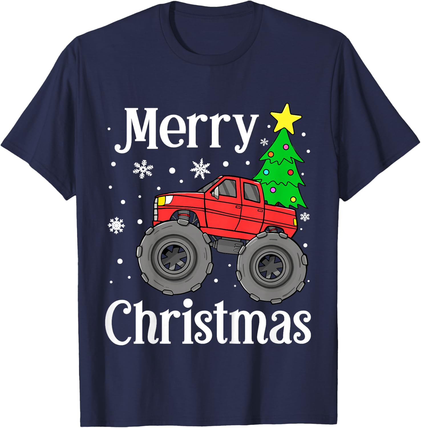 Kids Boys Monster Truck Merry Christmas Tree Snowflakes Toddler T-Shirt - T-Shirt | Navy