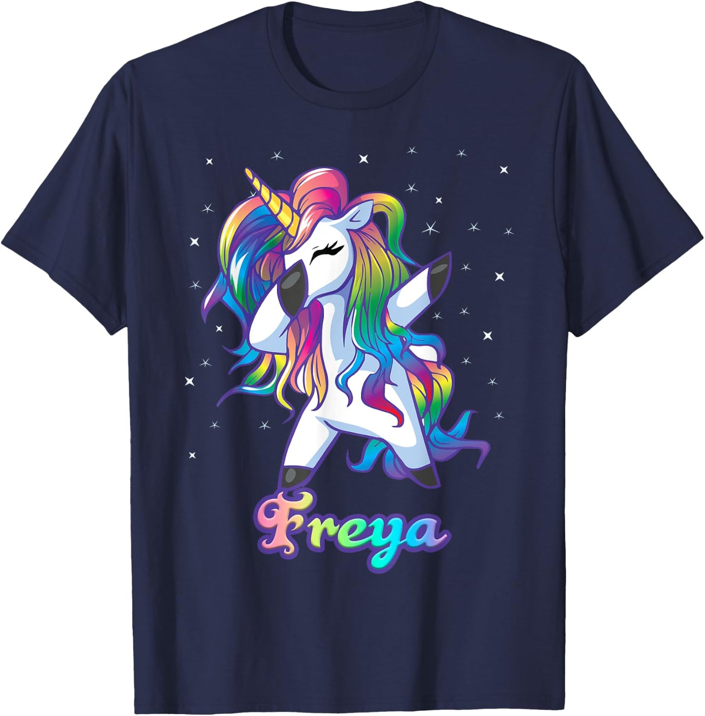 FREYA Name Personalized Custom Rainbow Unicorn Dabbing T-Shirt - T-Shirt | Navy