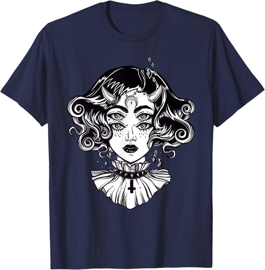Horned Devil Girl - Satanic Halloween Glitch Goth T-Shirt - T-Shirt | Navy