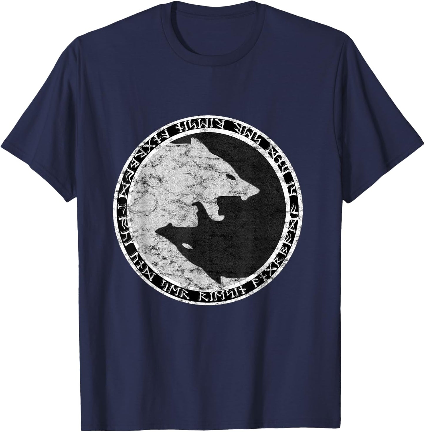 Fenrir Wolf Of Odin With Norse Runes Distressed T-Shirt - T-Shirt | Navy