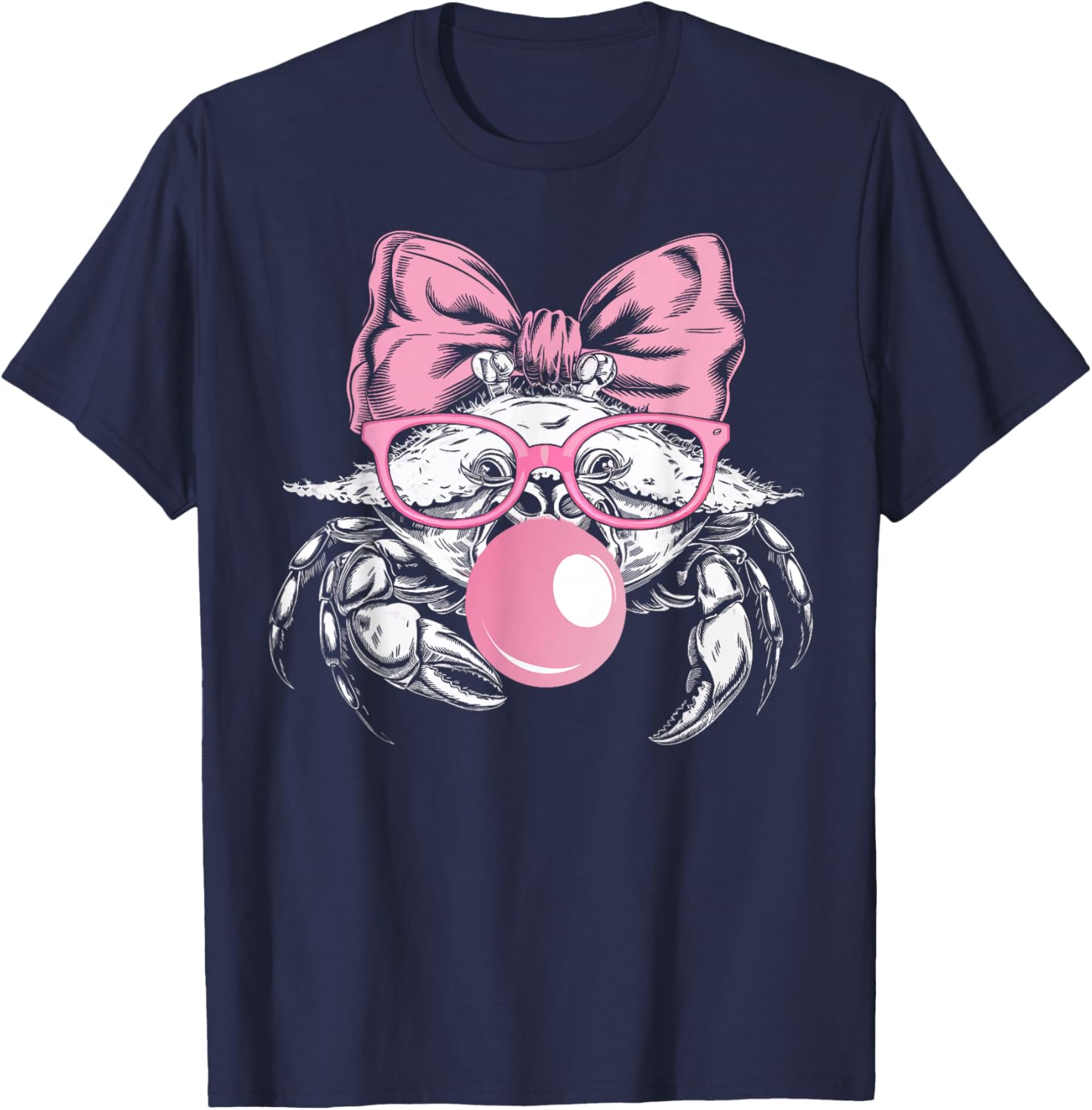 Crab Wearing Glasses and Blowing Pink Bubble Gum T-Shirt - T-Shirt | Navy