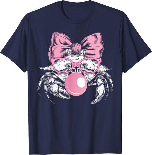 Crab Wearing Glasses and Blowing Pink Bubble Gum T-Shirt - T-Shirt | Navy