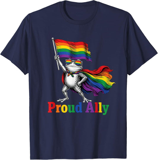 Proud Ally Rainbow Frog Pride Flag Funny LGBTQ Supporter T-Shirt - T-Shirt | Navy