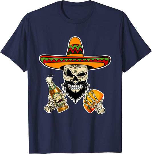 Funny Mexican Sugar Skull with Tacos and Beer T-Shirt - T-Shirt | Navy