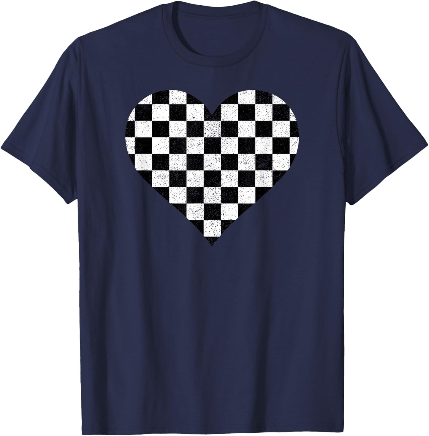 Black And White Checkered Heart Auto Racer T-Shirt - T-Shirt | Navy