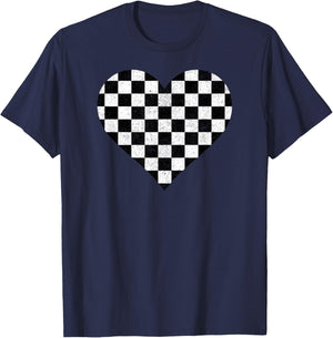 Black And White Checkered Heart Auto Racer T-Shirt - T-Shirt | Navy