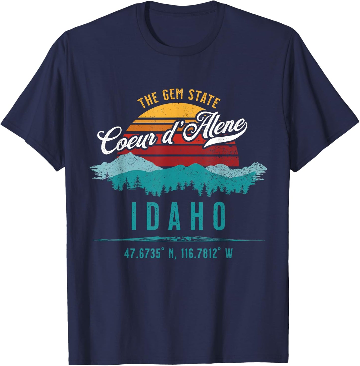 Retro Coeur d'Alene Idaho Mountains Sun Vintage Souvenir T-Shirt - T-Shirt | Navy