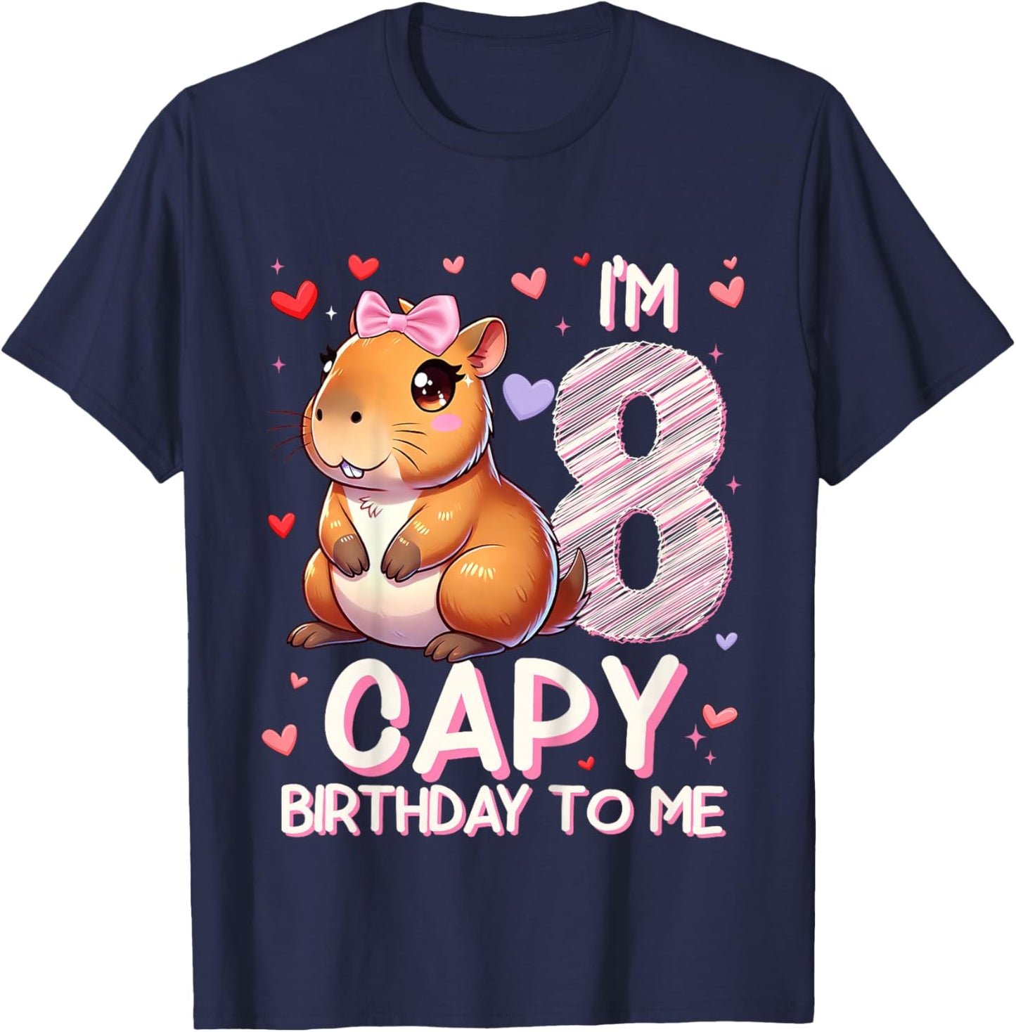 8 Years Capy Birthday To Me Girls 8th Birthday Capybara T-Shirt - T-Shirt | Navy