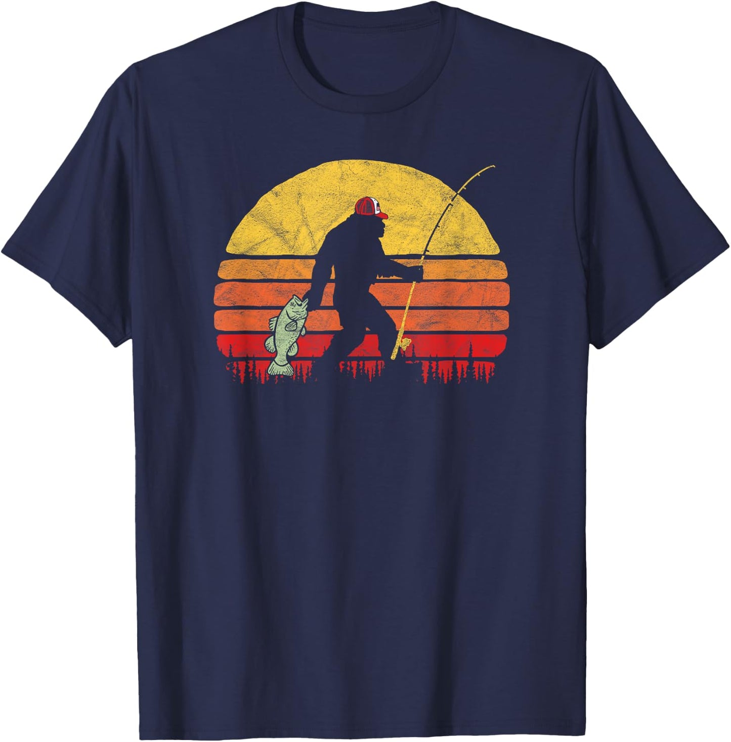 Bass Fishing Funny Bigfoot in Trucker Hat Retro Graphic T-Shirt - T-Shirt | Navy
