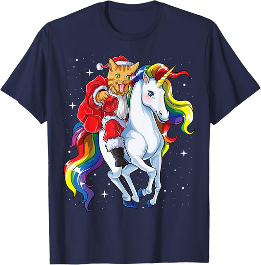 Cat Santa Unicorn T shirt Christmas Girls Women Meowy Xmas T-Shirt - T-Shirt | Navy