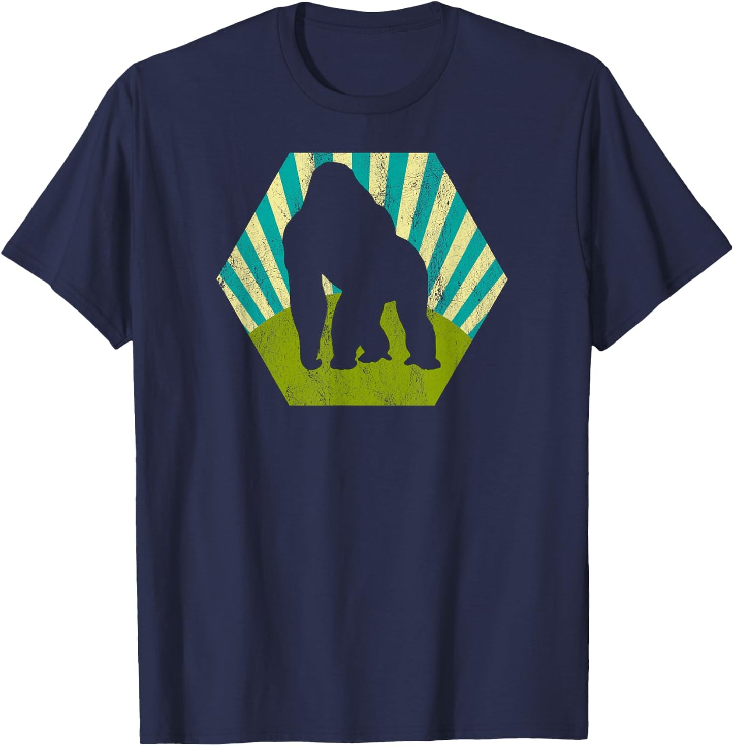 Silverback Gorilla on Retro Blue Green Sunburst Graphic T-Shirt - T-Shirt | Navy