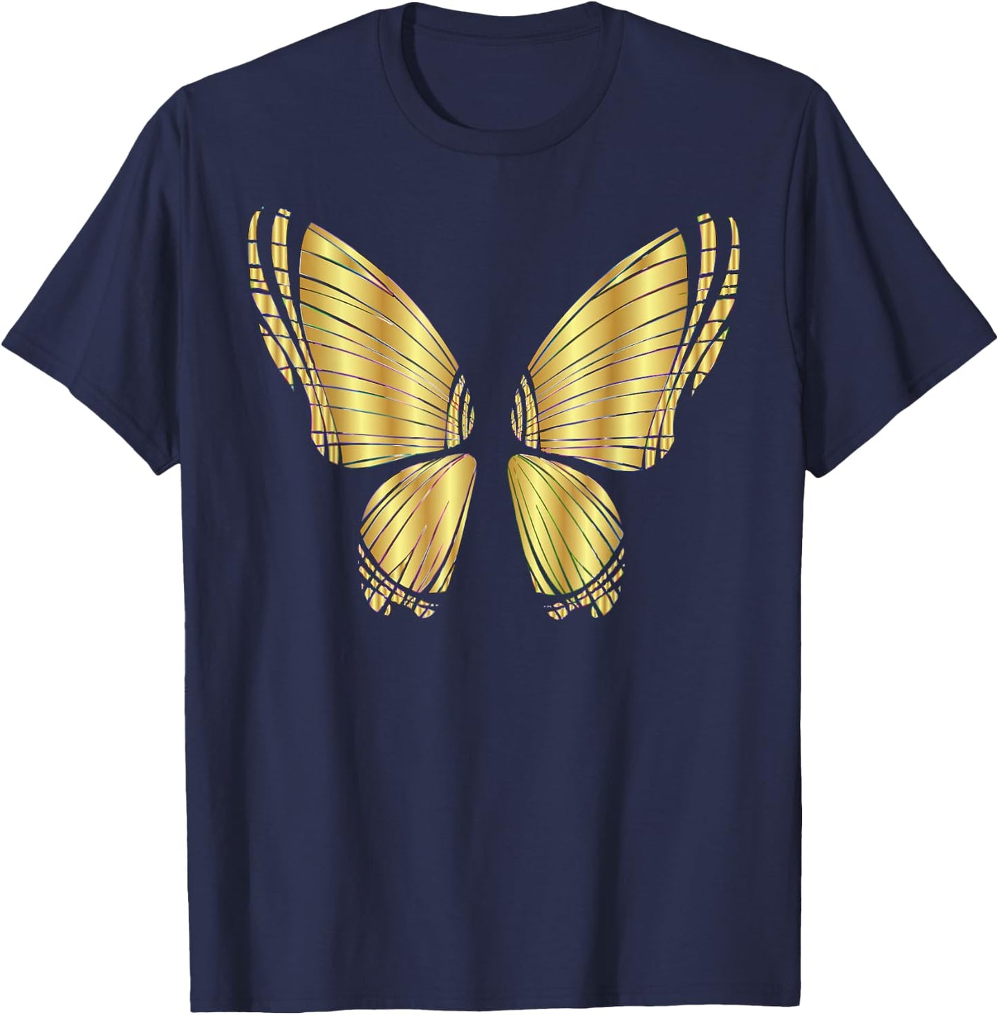 Metallic Gold Butterfly Garden Flying T-Shirt - T-Shirt | Navy