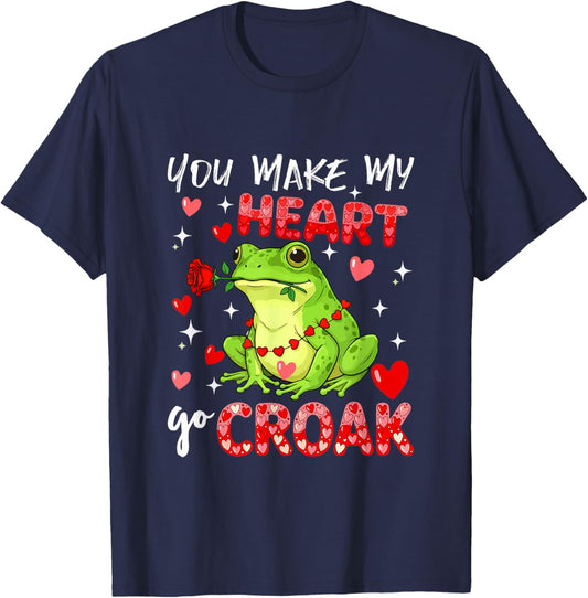 Make Heart Go Valentine's Day Cute Frog Sound Floral Rose T-Shirt - T-Shirt | Navy