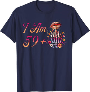 I Am 59 Plus 1 Middle Finger Skull Funny 60th Birthday Women T-Shirt - T-Shirt | Navy