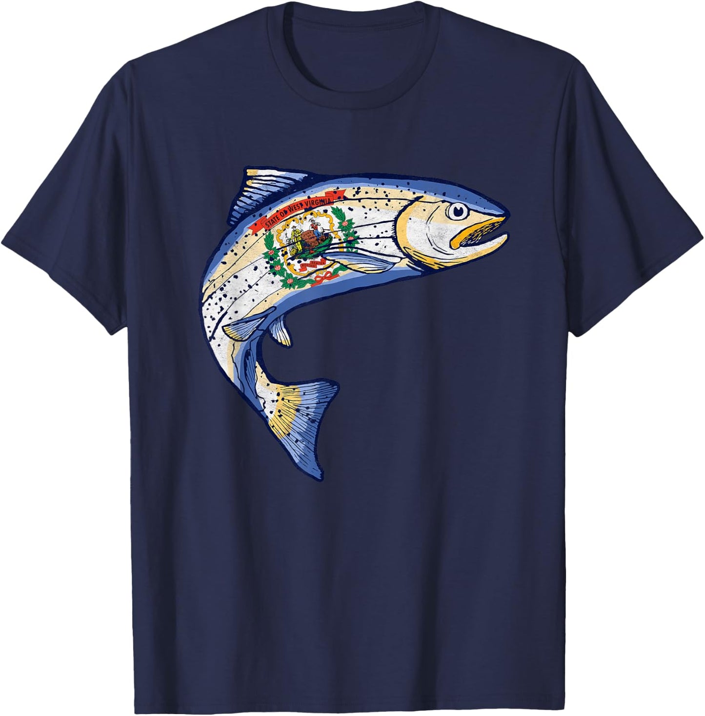 Retro West Virginia Flag Trout Vintage Fly Fishing Graphic T-Shirt - T-Shirt | Navy