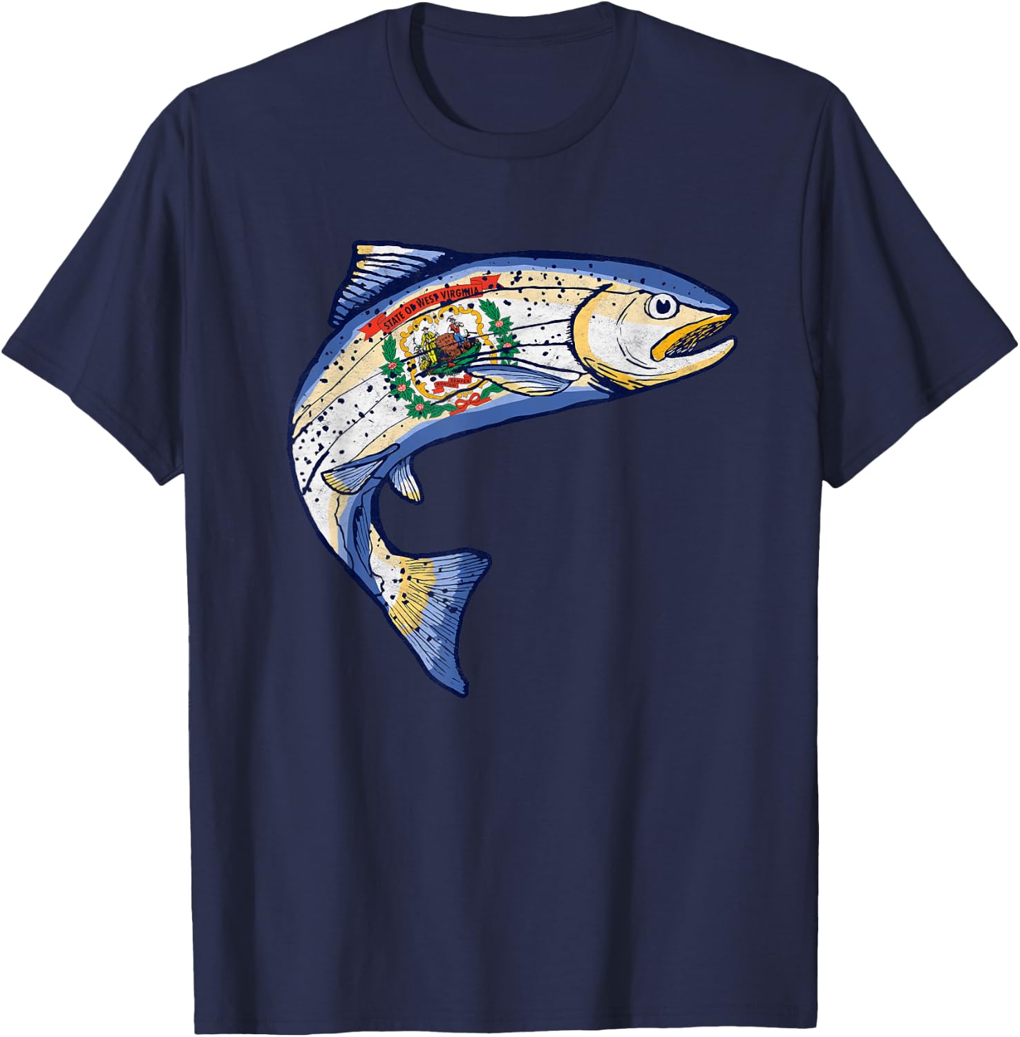 Retro West Virginia Flag Trout Vintage Fly Fishing Graphic T-Shirt - T-Shirt | Navy