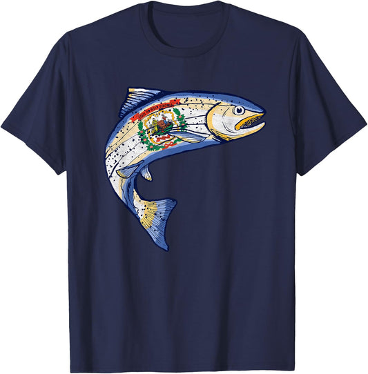 Retro West Virginia Flag Trout Vintage Fly Fishing Graphic T-Shirt - T-Shirt | Navy