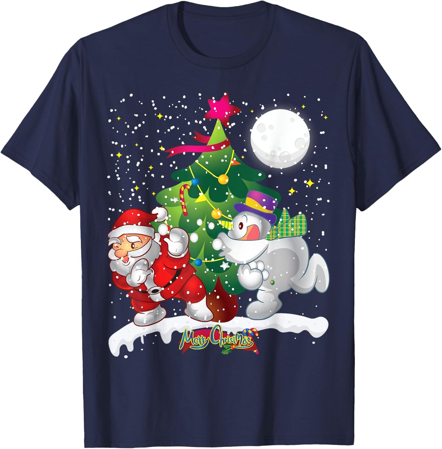 Santa Claus Snowman Tree Balls Funny Merry Christmas T-Shirt - T-Shirt | Navy