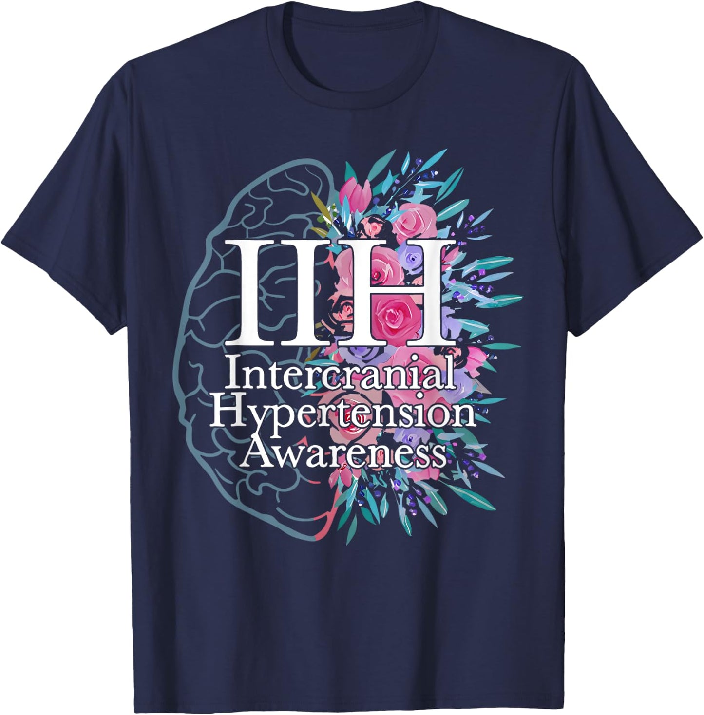 Idiopathic Intracranial Hypertension Awareness Brain Floral T-Shirt - T-Shirt | Navy