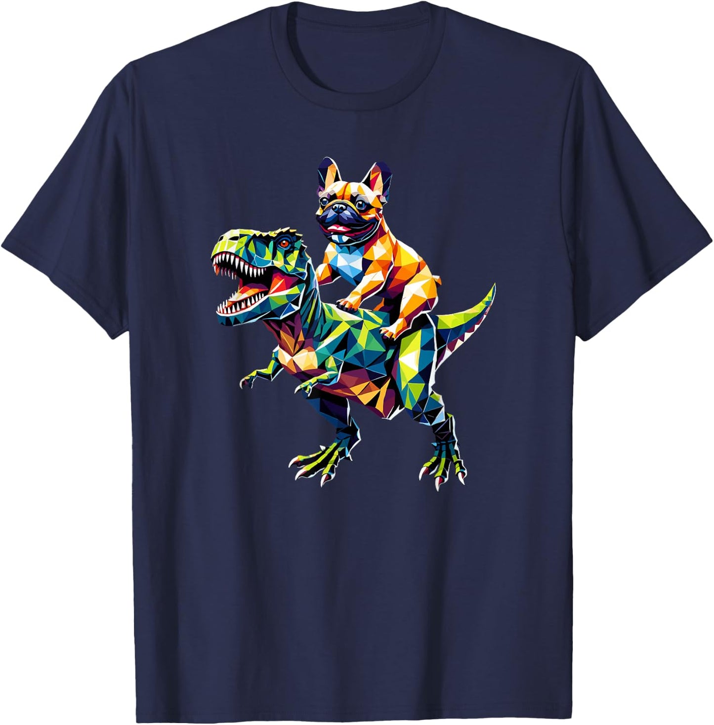 Geometric Art Dinosaur T-Rex French Bulldog Frenchie T-Shirt - T-Shirt | Navy
