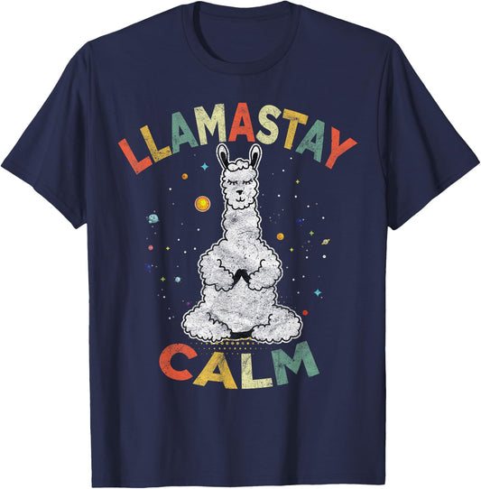 Cute Yoga Llama Stay Calm Alpaca Retro Vintage T-Shirt - T-Shirt | Navy