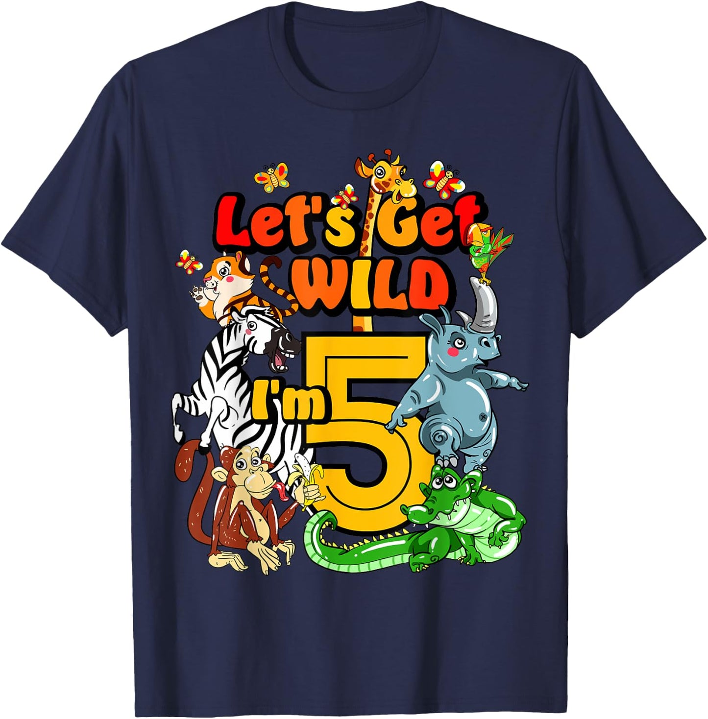 Kids 5 Year Old Zoo Birthday Shirt Safari Jungle Animal 5th T-Shirt - T-Shirt | Navy