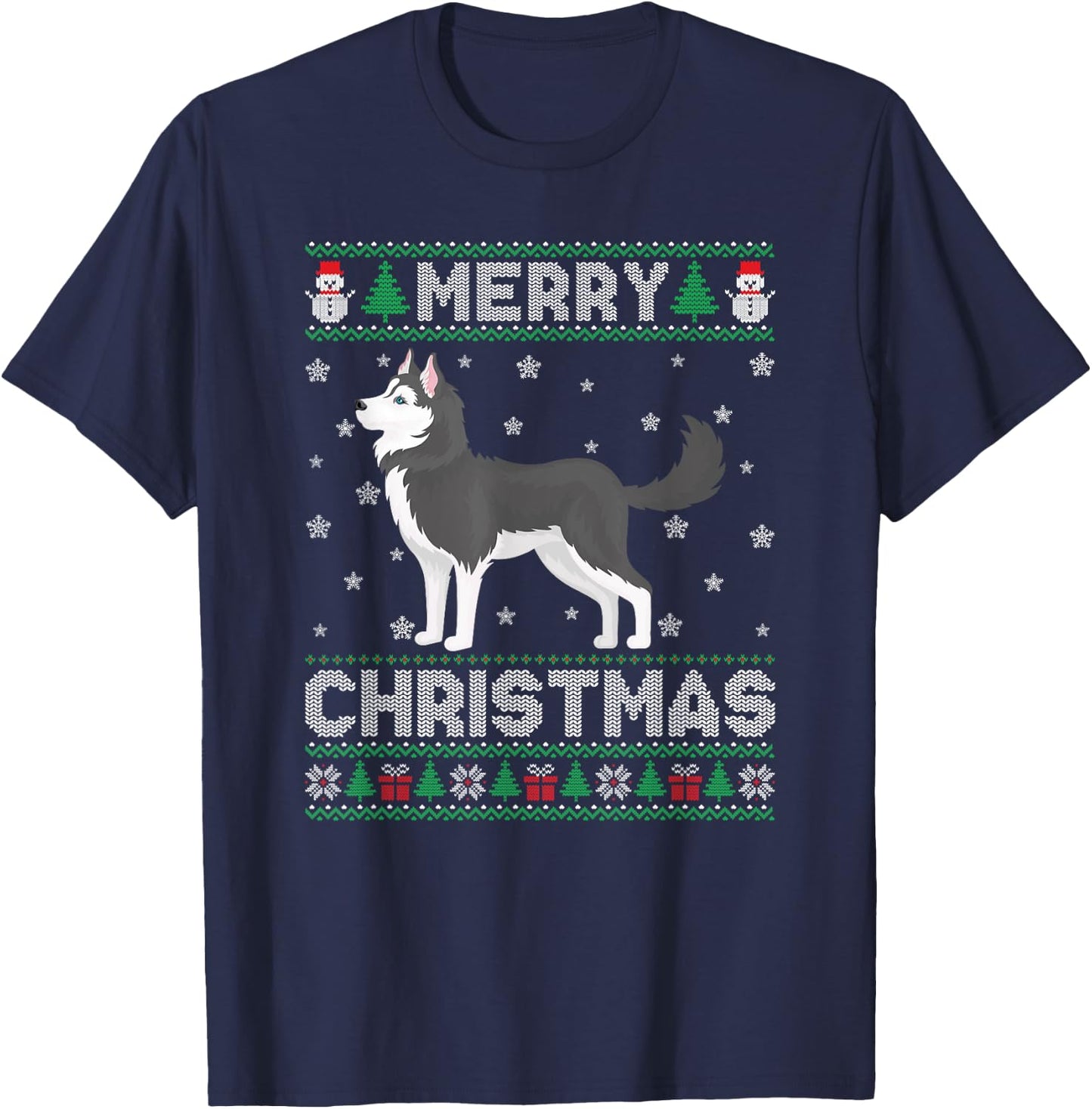 Siberian Husky Dog Men Women Kids Ugly Christmas Sweater T-Shirt - T-Shirt | Navy