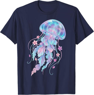 Jellyfish Floral Ocean Flowers T-Shirt - T-Shirt | Navy