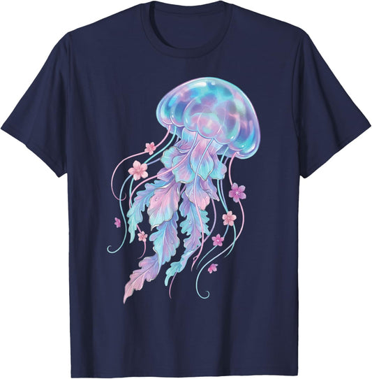 Jellyfish Floral Ocean Flowers T-Shirt - T-Shirt | Navy