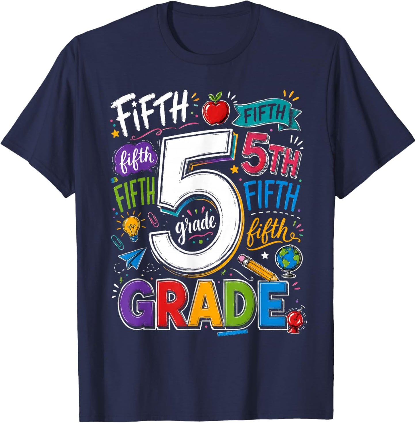 Back to School Fifth 5th Grade Classroom Typography T-Shirt - T-Shirt | Navy