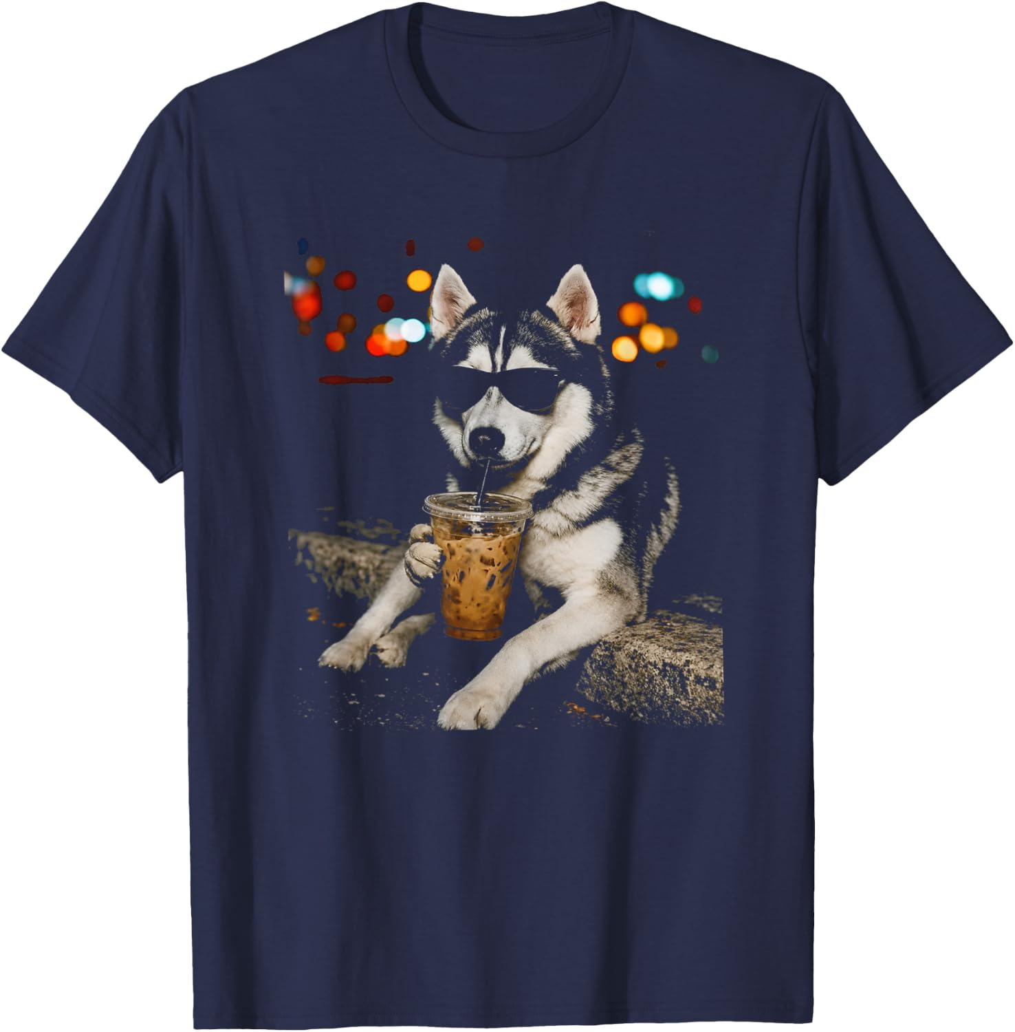 Funny Husky Drinking Iced Coffee Cool Dog Art T-Shirt - T-Shirt | Navy
