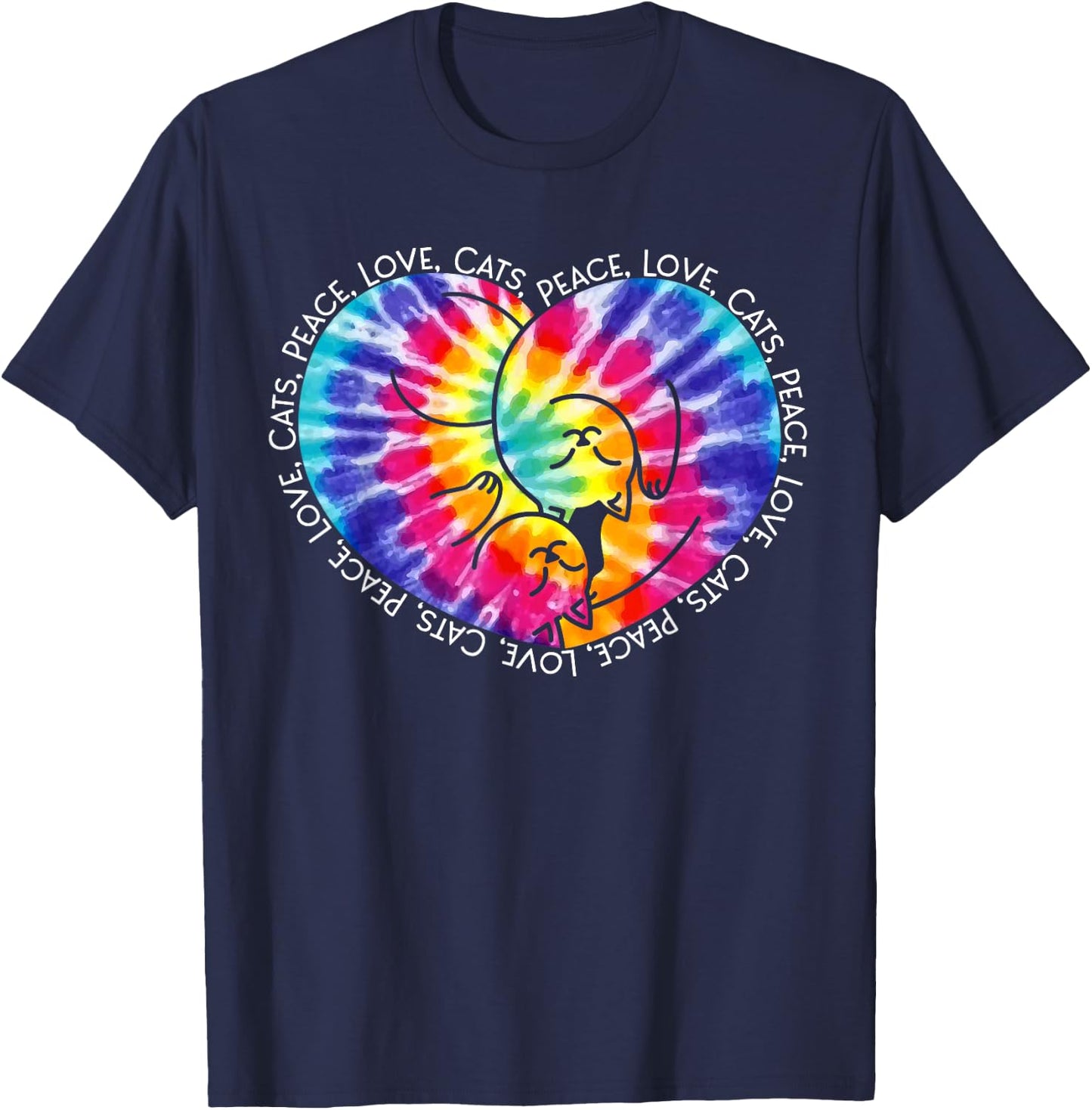 Peace Love Cats Tie Dye Heart Kitty Hippie Groovy Retro Gift T-Shirt - T-Shirt | Navy