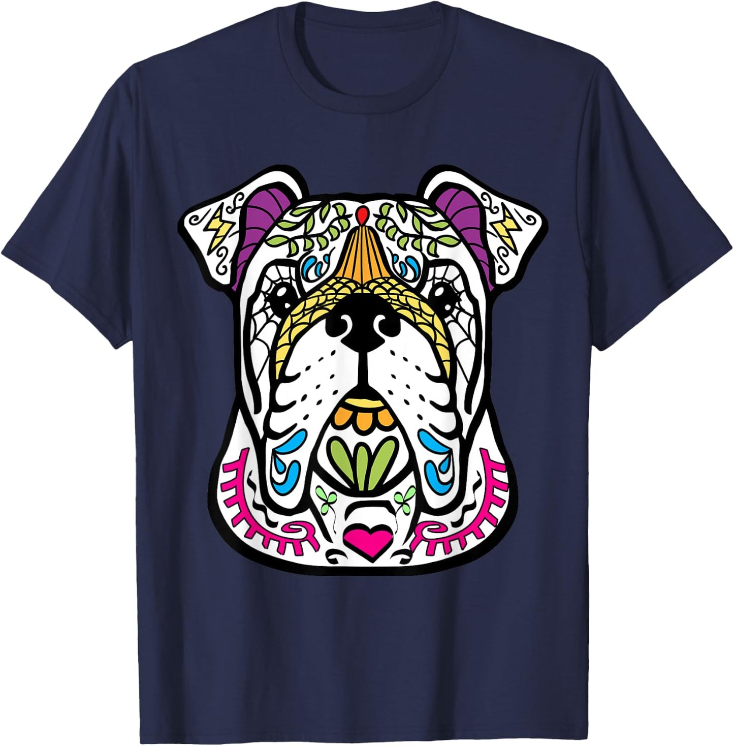 English Bulldog - Day Of The Dead Sugar Skull Dog Shirt Gift T-Shirt - T-Shirt | Navy