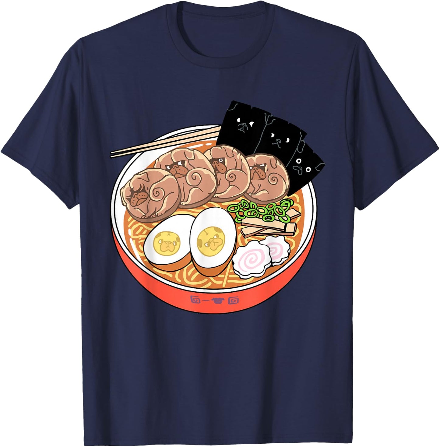 Ramen Pugs Funny T- Shirt by Huebucket T-Shirt - T-Shirt | Navy