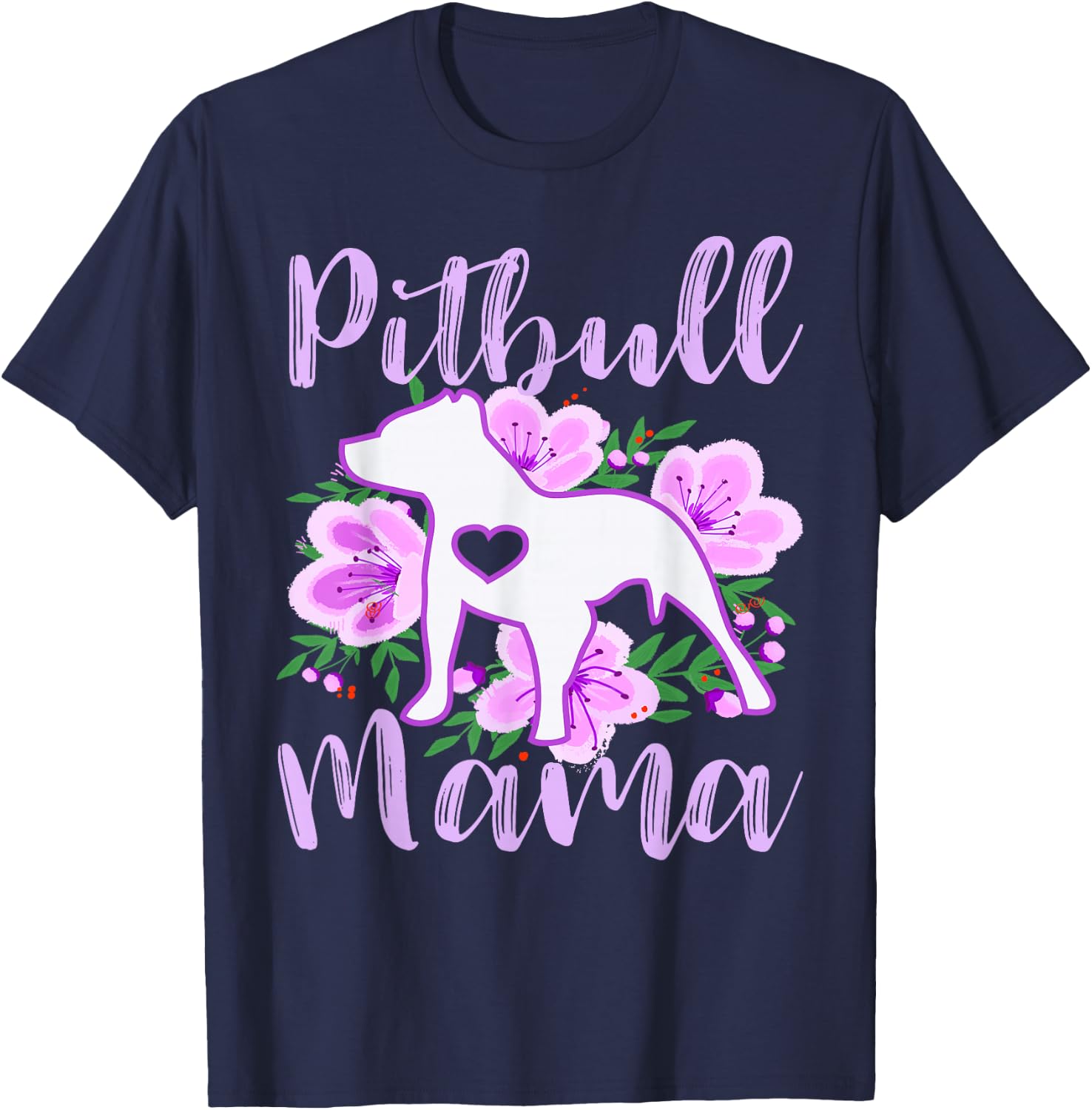 Pitbull Mama Purple Flowers Cute Pit Bull Pretty Mommy T-Shirt - T-Shirt | Navy